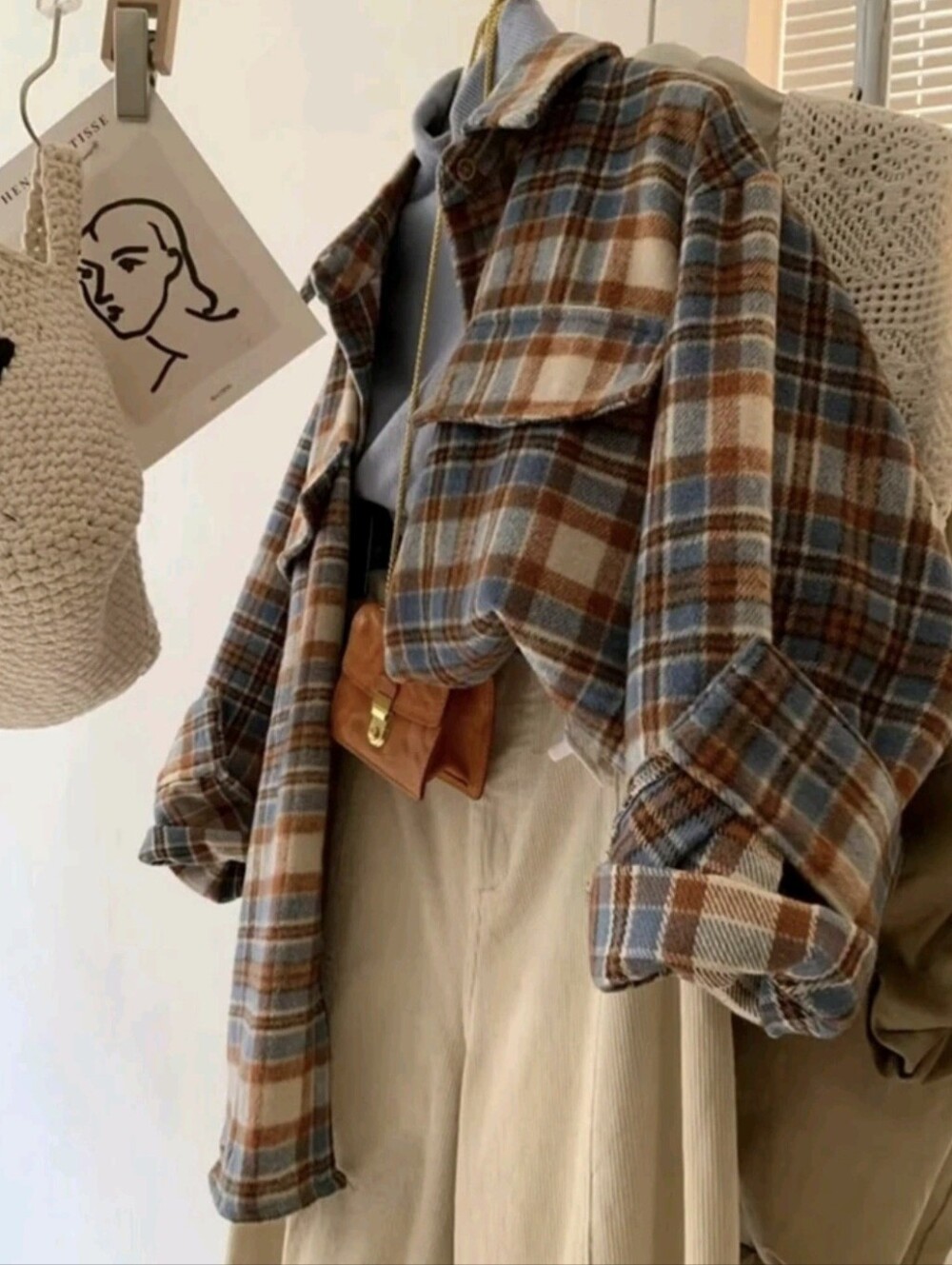 Vintage Distressed Plaid Brushed Shirt, Loose Fit Casual Woolen Shacket For Wome